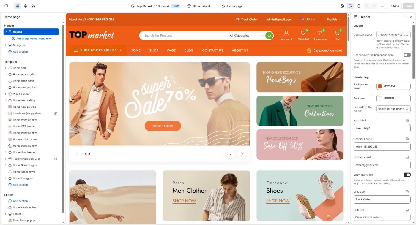 Theme editor: Header section settings