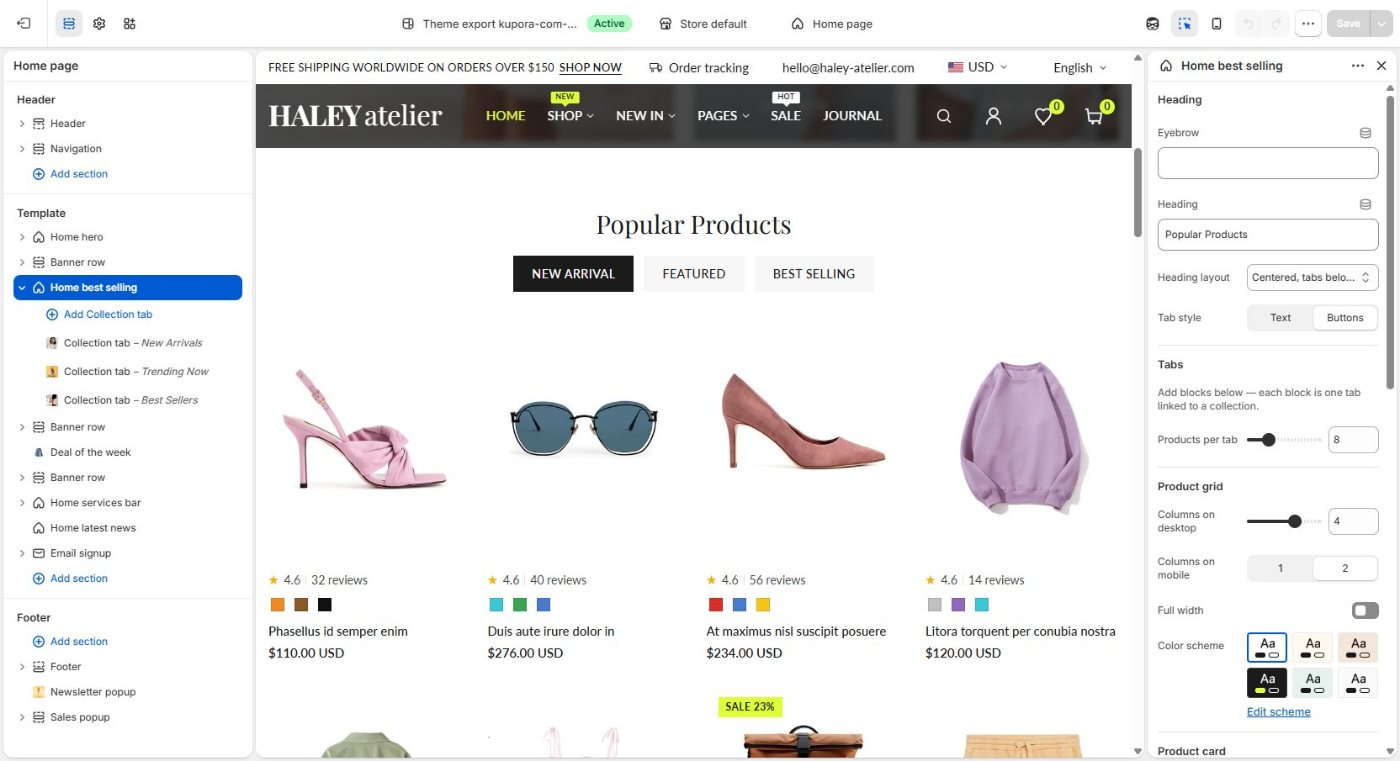Theme editor: section with tab blocks