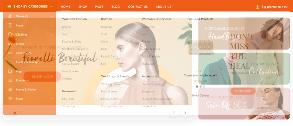 Top Market category mega menu with featured product and banner