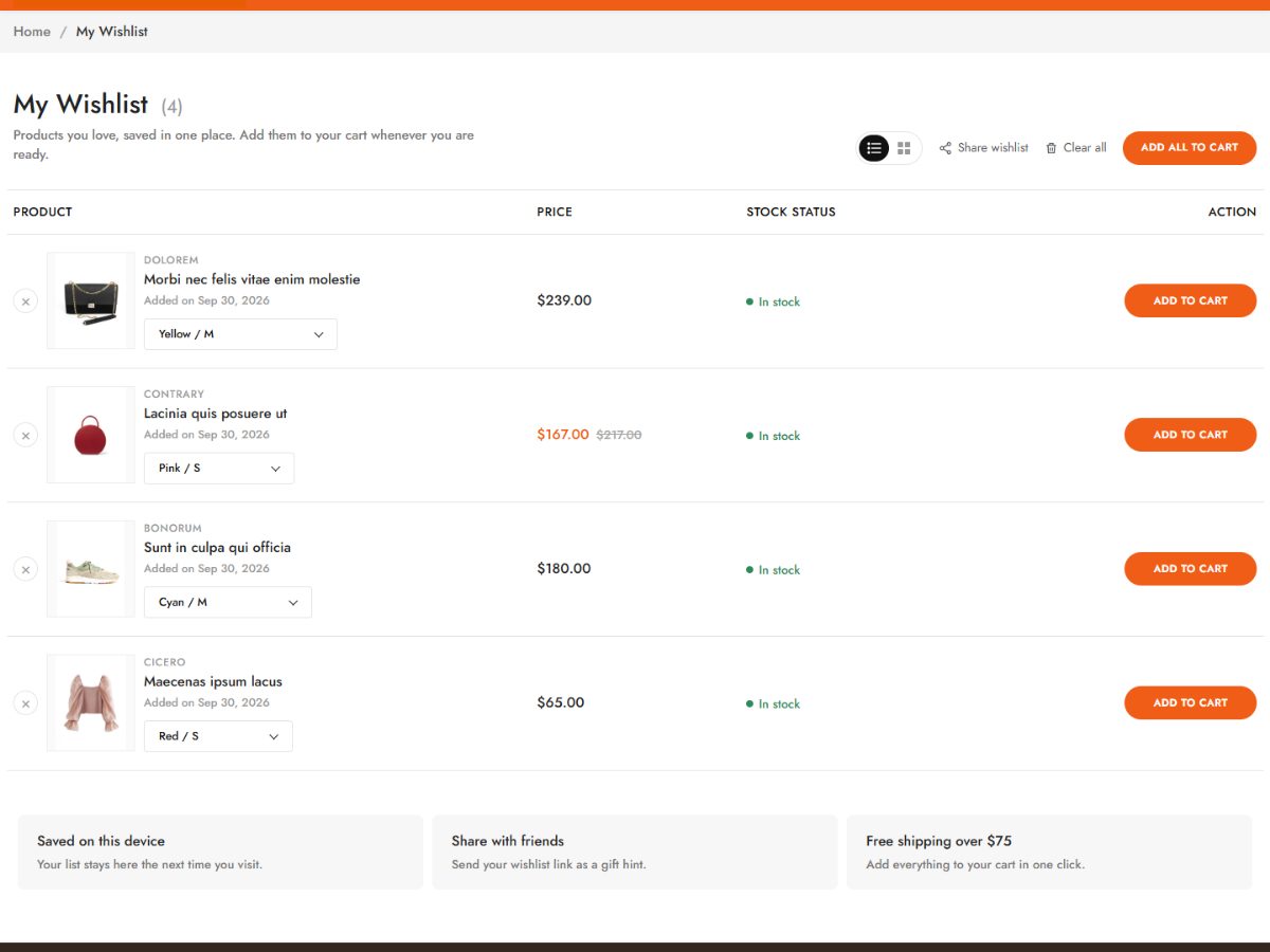Wishlist page